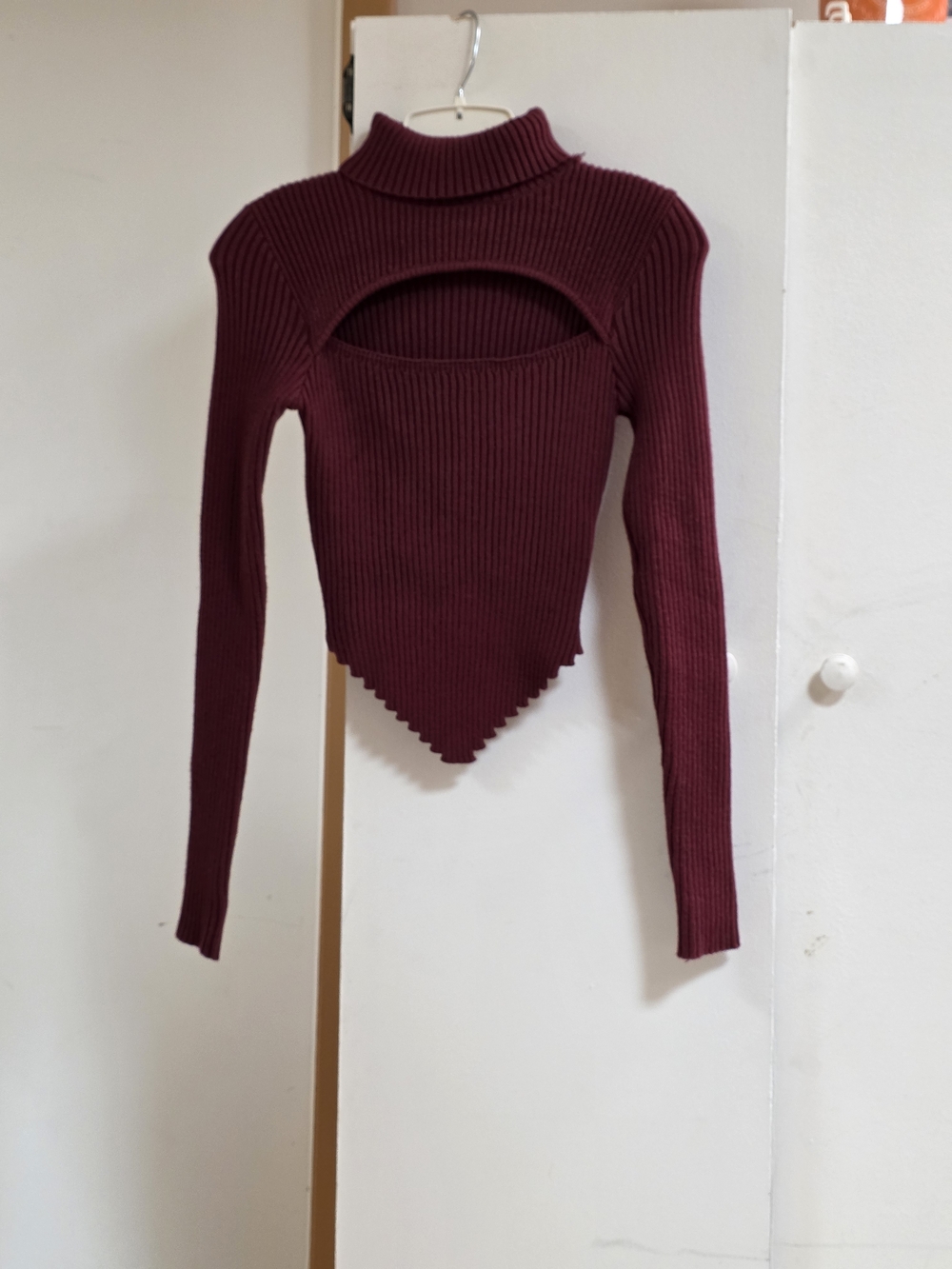 Windsor Burgundy Ribbed Cutout Pointed-Hem Turtleneck